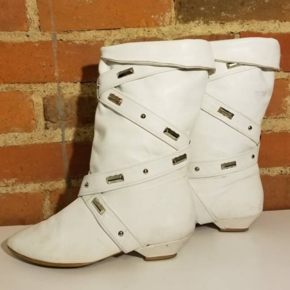 VINTAGE WHITE LEATHER BOOTS PUNK STUDDED STRAPPY SIZE 7/8 BIKER BABE ROCKER SEXY - Picture 2 of 11